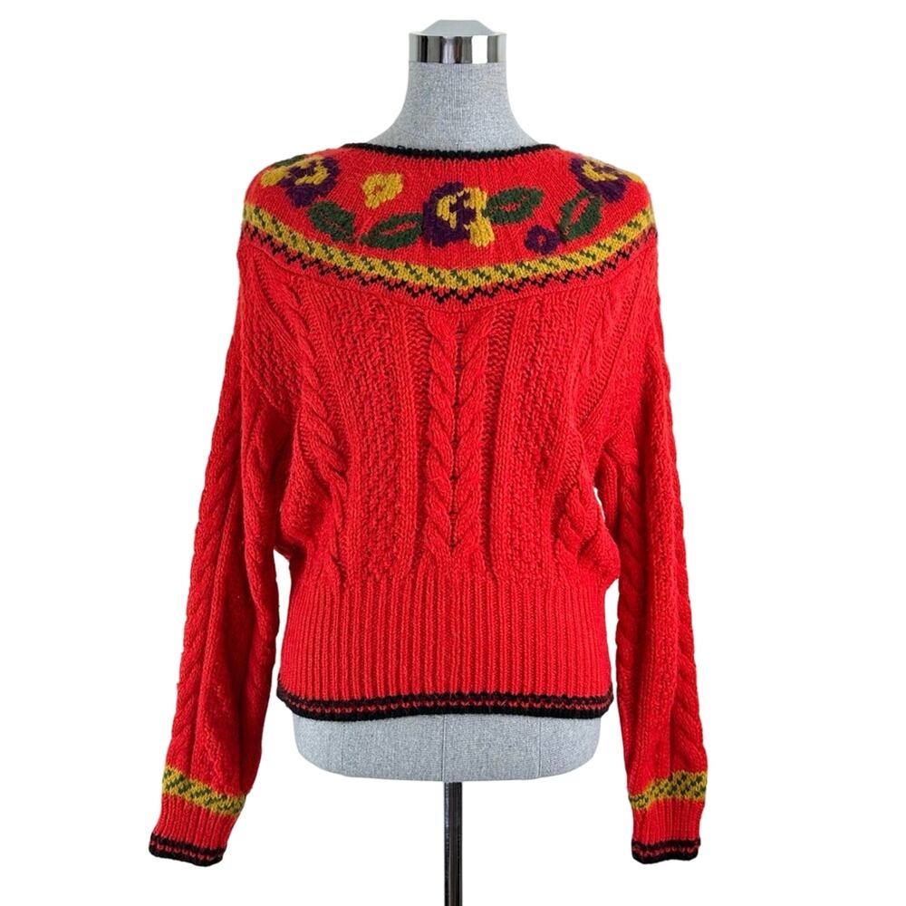 Vintage Sweater Liz‎ Claiborne Womens Medium Red Floral Fair Isle Cable Knit